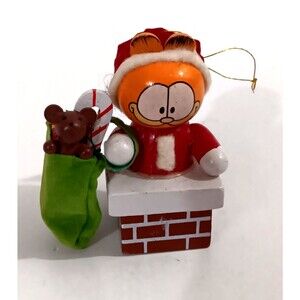 Vintage 1978 1981 Wooden Garfield Christmas Ornament In Chimney W/ Toy Bag
